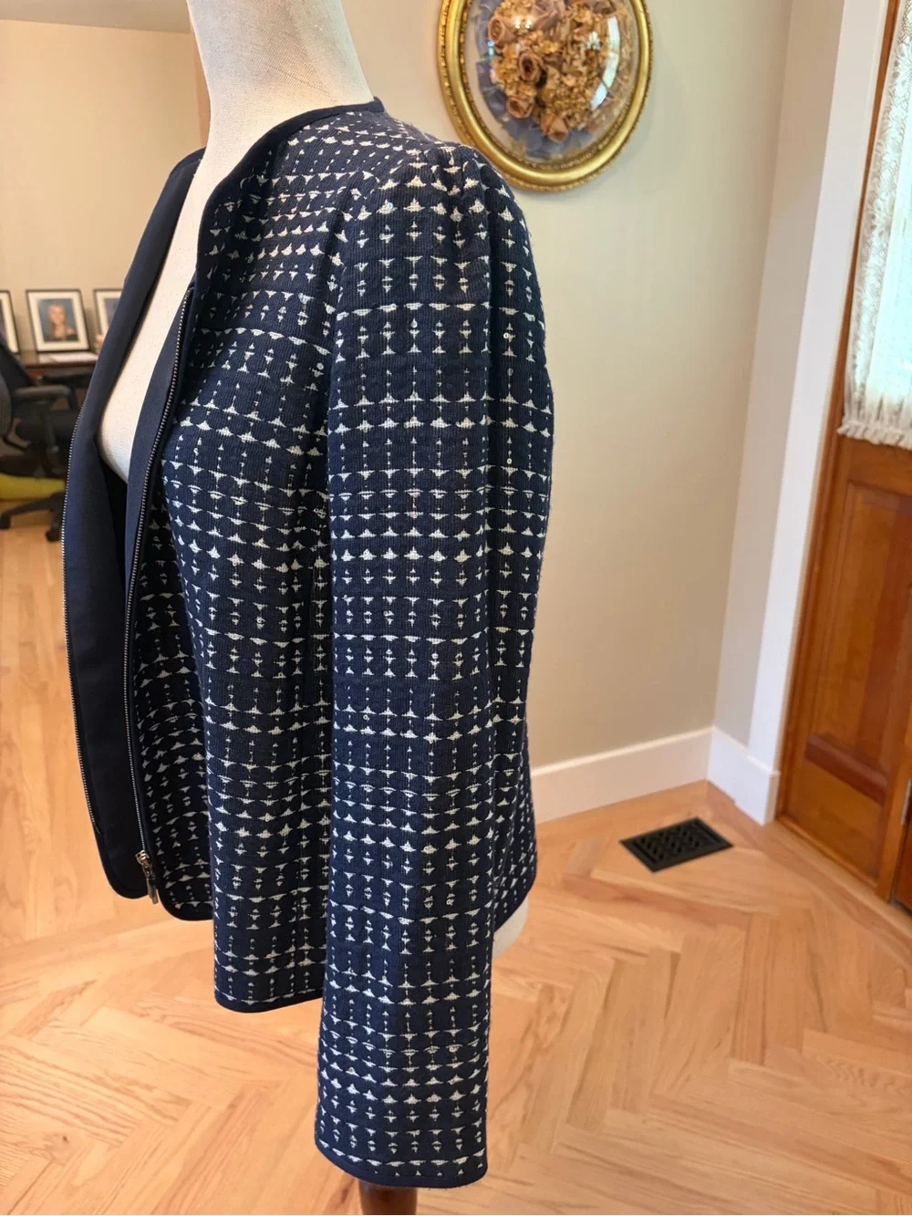 Armani Collezioni Navy and White Patterned Varsity Jacket